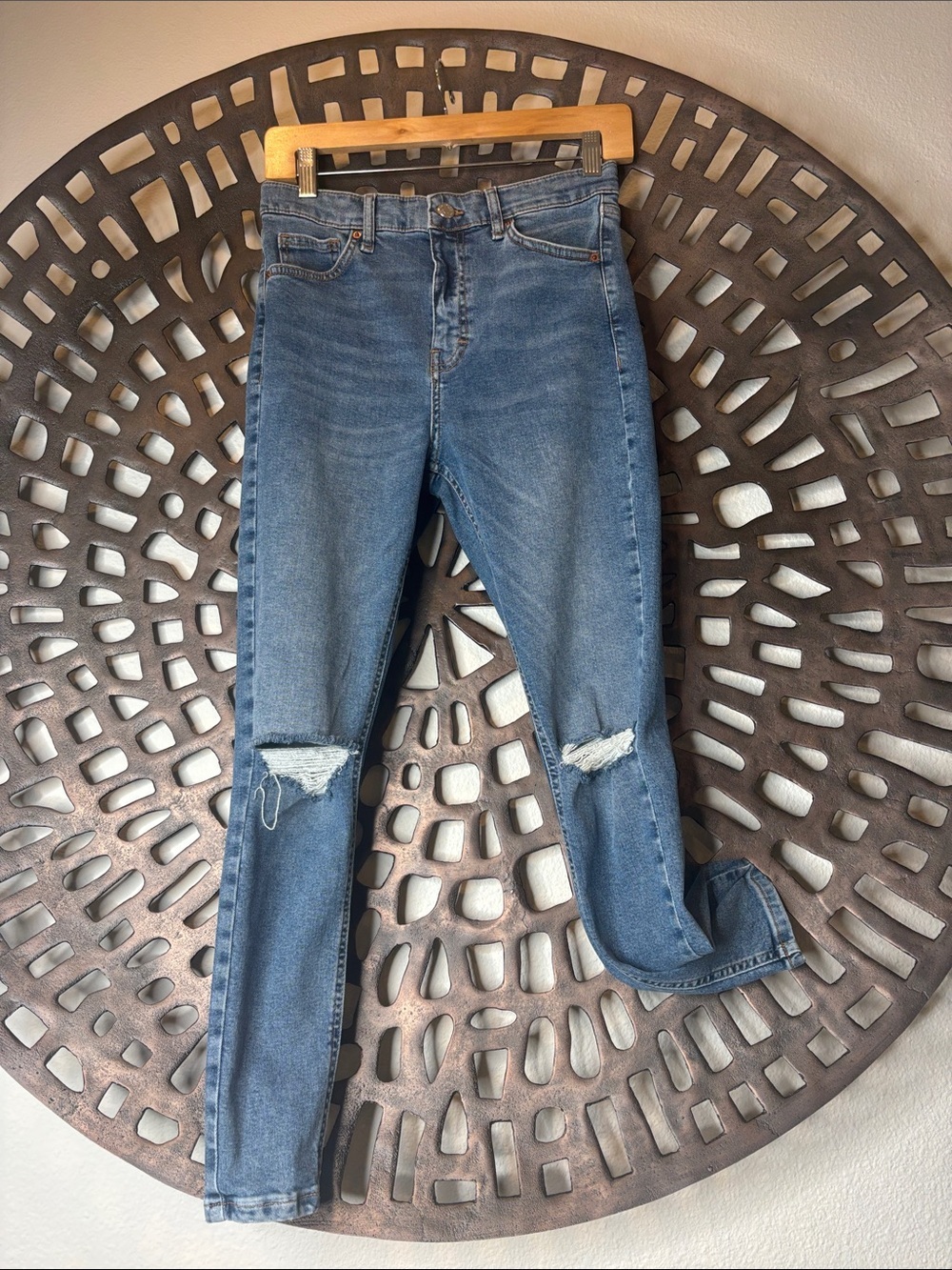 💙 Topshop Mid Rise Skinny Jeans Women’s 30x30 Blue Distressed Knee Stretch Deni